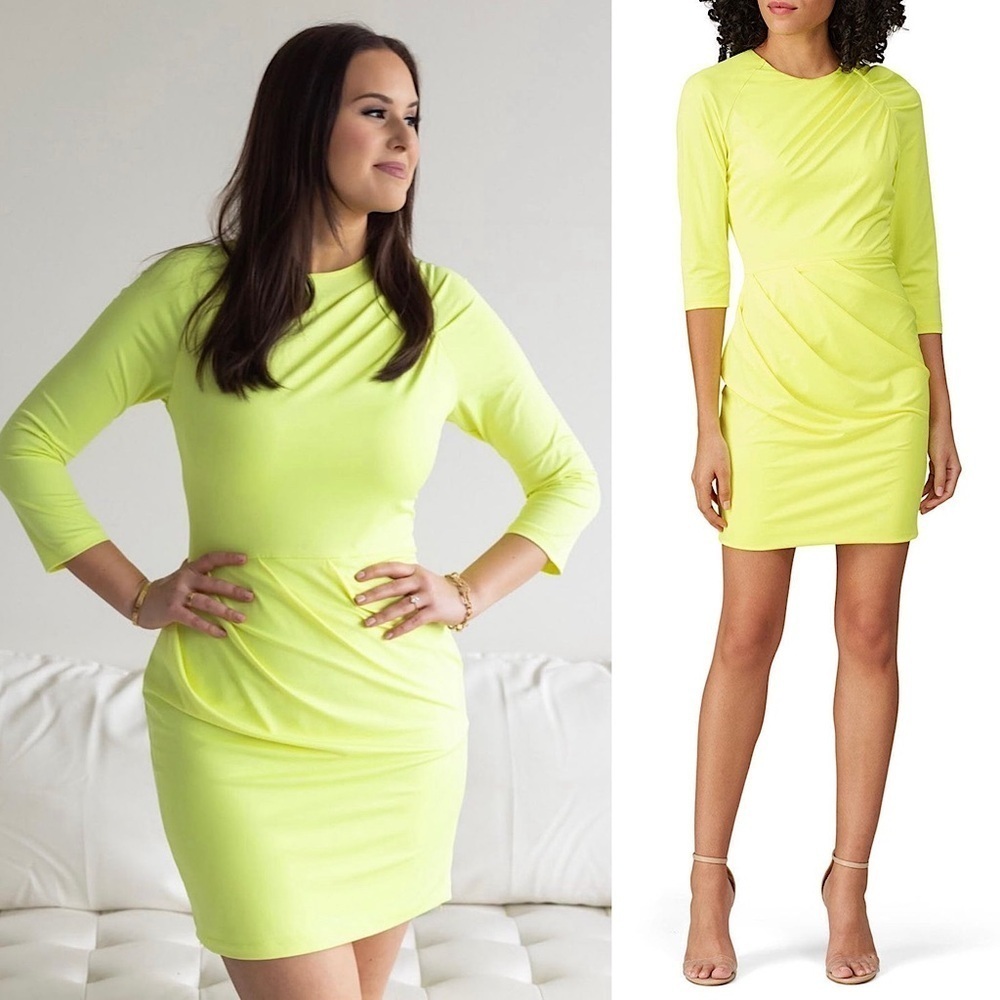 BLACK HALO Neon Jersey Ruched 3/4 Length Sleeve‎ Gathered Sheath Mini Dress 6